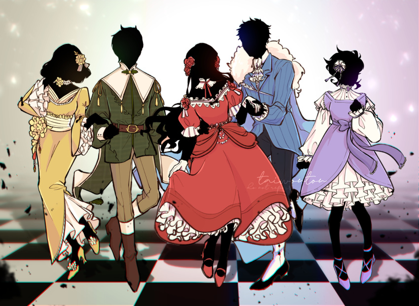 2boys 3girls adapted_costume belt black_hair black_skin blue_jacket boots checkered_floor colored_skin dress flower frilled_dress frilled_sleeves frills full_body hair_flower hair_ornament high_heel_boots high_heels jacket john_(shadows_house) kate_(shadows_house) long_hair long_sleeves louise_(shadows_house) multiple_boys multiple_girls pants patrick_(shadows_house) puffy_long_sleeves puffy_sleeves purple_dress red_dress red_flower red_rose rose shadow_(shadows_house) shadows_house shirley_(shadows_house) shirt standing taiwonton two_side_up yellow_dress