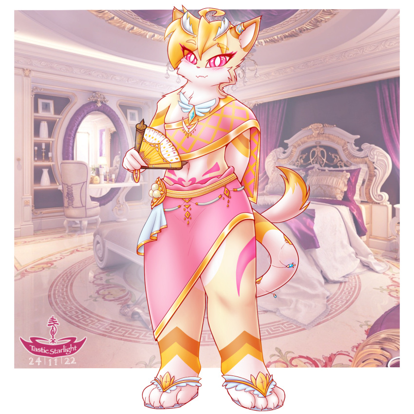anthro blonde_hair blush bottomwear clothed clothing domestic_cat dress felid feline felis fur girly hair hand_fan hi_res holding_object jewelry legwear looking_at_viewer male mammal photo_background pink_eyes robe shaded skirt smile smiling_at_viewer solo talia_(tasticstarlight) tasticstarlight thailand topwear