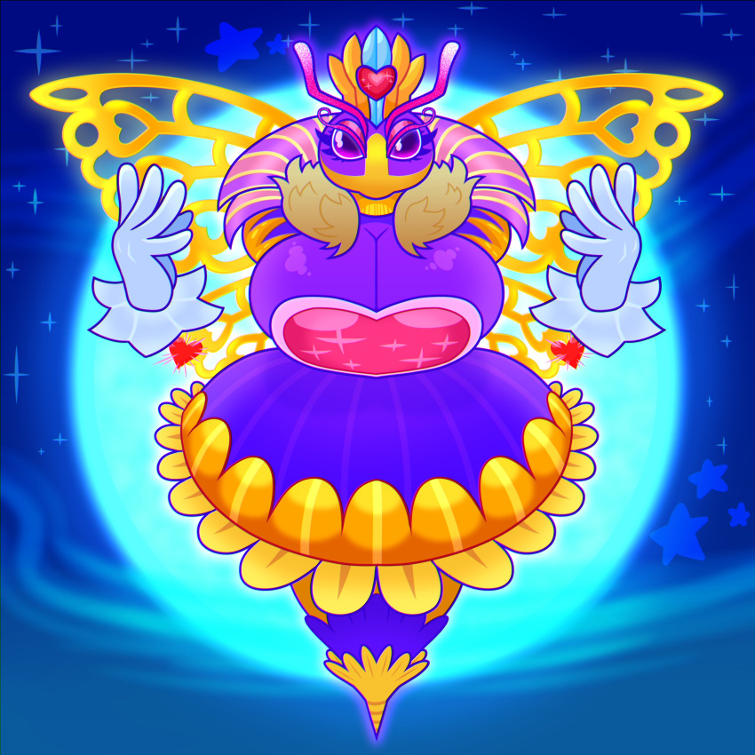 absurd_res anthro armless arthropod bee breasts clothed clothing crown female floating_hands hi_res hymenopteran insect kirby_(series) kirby_triple_deluxe legless moon mouthless nintendo partially_clothed purple_body purple_eyes queen_bee queen_sectonia solo sting unknown_artist video_games wings