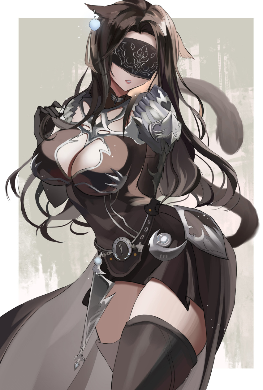 1girl absurdres animal_ears armor avatar_(ff14) black_dress black_gloves black_hair black_tail black_thighhighs blindfold border breasts cat_ears cat_girl cat_tail cleavage cleavage_cutout clothing_cutout commentary covered_eyes cowboy_shot dress earrings elbow_gloves english_commentary facing_viewer faulds final_fantasy final_fantasy_xiv gloves highres jewelry large_breasts long_hair meowrim0 miqo'te original outside_border parted_lips shoulder_armor silver_trim solo tail teeth thighhighs white_border