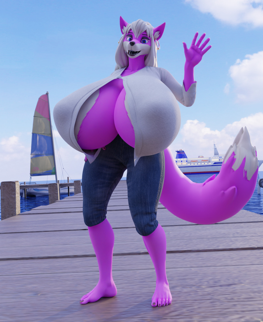 3d_(artwork) anthro big_breasts black_lips black_tongue blue_eyes breasts canid canine canis cleavage_cutout clothed clothing coolboy01fa digital_media_(artwork) docks ear_piercing ear_ring female fur gesture hair hi_res huge_breasts hyper hyper_breasts lips looking_at_viewer mammal piercing pink_body pink_fur ring_piercing sea solo tongue water waving waving_at_viewer white_body white_fur white_hair wolf yuni_hermit