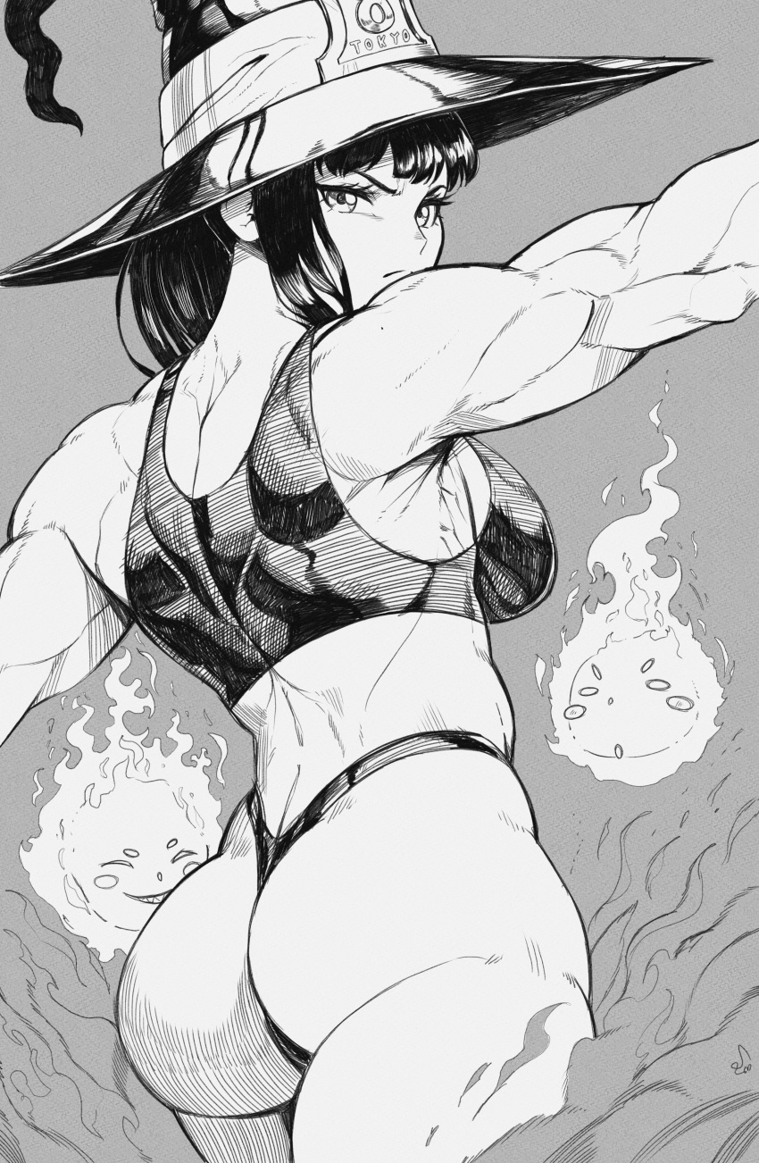 1girl absurdres angry ass back breasts commentary en'en_no_shouboutai english_commentary eyelashes fire fireball flexing from_behind greyscale hat highleg highleg_panties highres large_breasts looking_at_viewer looking_back maki_oze medium_hair monochrome muscular muscular_female outstretched_arms panties sideboob solo speedl00ver sports_bra thick_thighs thighs thong turning_head underwear v-shaped_eyebrows witch_hat