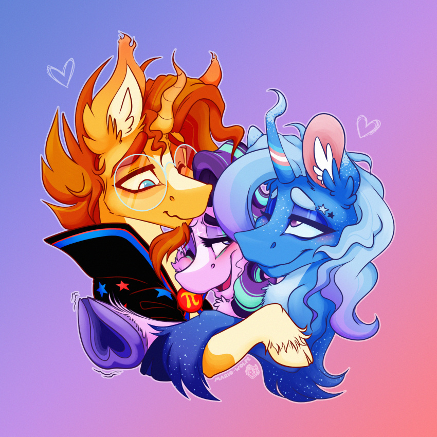 &lt;3 alzmariowolfe blue_eyes cape clothing cuddle_puddle embrace equid equine eyewear facial_hair female friendship_is_magic glasses group group_hug hasbro hi_res hooves horn hug male mammal my_little_pony purple_eyes starlight_glimmer_(mlp) sunburst_(mlp) trio trixie_(mlp) unicorn