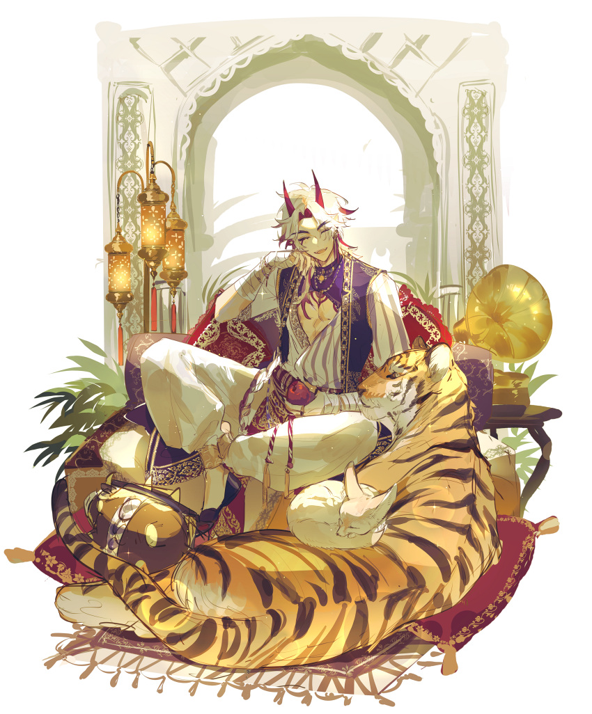 1boy ^_^ absurdres apple arataki_itto bandaged_arm bandages bangs bracelet capri_pants choker closed_eyes commentary cushion earrings eyelashes fennec_fox food fox fruit full_body genshin_impact hand_up harem_pants highres holding holding_food holding_fruit horns jewelry lamp long_hair male_focus mors_gn multicolored_hair multicolored_shirt oni oni_horns open_mouth pants parted_bangs pectoral_cleavage pectorals phonograph pillow plant puffy_pants red_hair red_horns rope shirt short_sleeves sidelocks sitting sleeping smile solo table tassel teeth thick_eyebrows tiger upper_teeth ushi_(genshin_impact) vision_(genshin_impact) white_background white_hair white_pants window