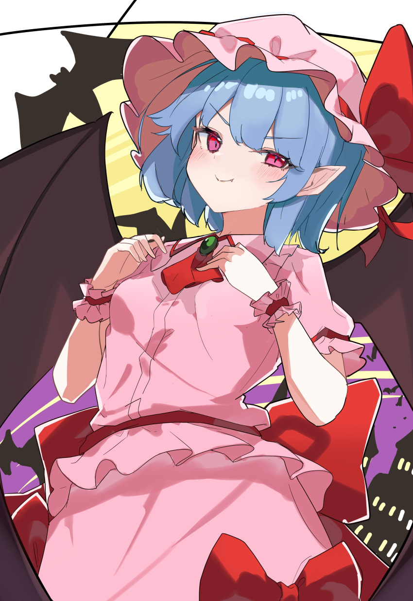 1girl absurdres ascot bangs bat_(animal) bat_wings blue_hair blush bow breasts brooch closed_mouth cowboy_shot dress fang fang_out frilled_shirt_collar frills from_below hands_up hat hat_bow highres jewelry kurowa_(curowa) looking_at_viewer mob_cap pink_dress pink_headwear pink_shirt pink_skirt pointy_ears purple_eyes red_ascot red_bow remilia_scarlet scarlet_devil_mansion shirt short_hair short_sleeves skirt skirt_set small_breasts smile smug solo touhou v-shaped_eyebrows wings wrist_cuffs