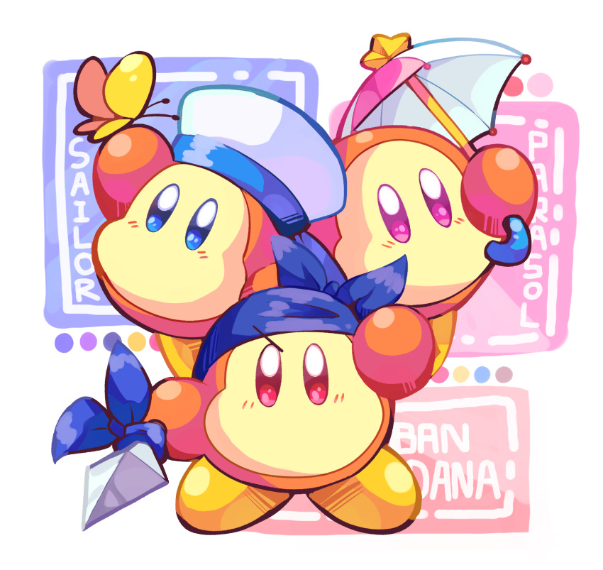 arm_up bandana bandana_waddle_dee blue_bandana blue_eyes blush bug butterfly color_guide commentary_request full_body hat highres holding holding_polearm holding_umbrella holding_weapon kirby_(series) looking_up miru_(milusour) no_humans parasol polearm purple_eyes red_eyes sailor_hat sailor_waddle_dee shoes spear umbrella waddle_dee weapon white_background white_headwear yellow_butterfly yellow_footwear
