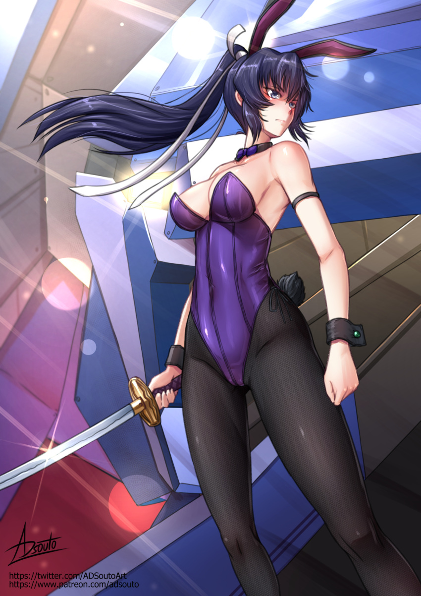 1girl adsouto animal_ears armlet arms_at_sides blue_hair bow bowtie breasts detached_collar fake_animal_ears hair_ribbon highres holding holding_sword holding_weapon katana long_hair looking_to_the_side mecha medium_breasts mitsurugi_meiya muvluv muvluv_alternative pantyhose playboy_bunny ponytail rabbit_ears ribbon robot signature solo standing sword weapon wrist_cuffs