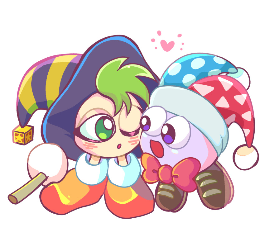 :d :o black_headwear blush bow brown_footwear commentary_request full_body green_eyes green_hair gryll_(kirby) hat heart highres holding jester_cap kirby's_return_to_dream_land kirby's_star_stacker kirby_(series) looking_at_another marx_(kirby) miru_(milusour) multicolored_clothes multicolored_headwear no_humans one_eye_closed open_mouth orange_footwear pom_pom_(clothes) purple_eyes red_bow shoes simple_background smile white_background witch_hat