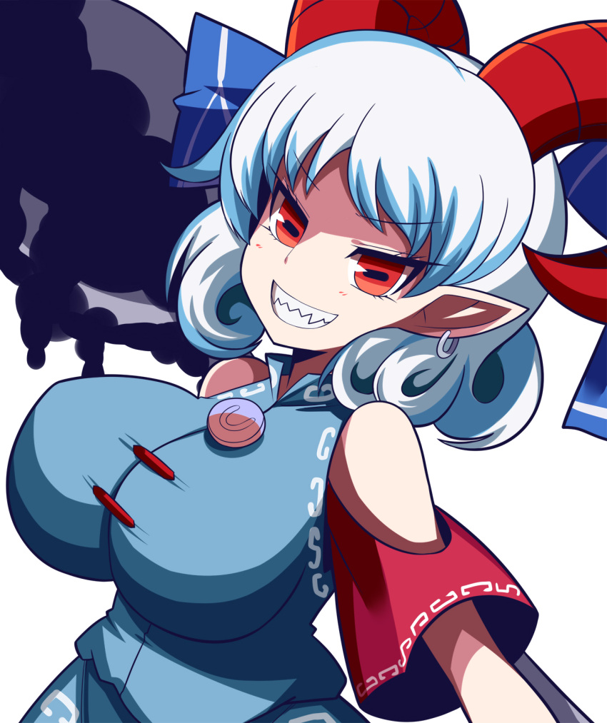 1girl blue_dress breasts curly_hair detached_sleeves dress earrings gero_zoukin highres horizontal_pupils horn_ornament horn_ribbon horns jewelry large_breasts pointy_ears rectangular_pupils red_eyes red_horns red_sleeves ribbon sharp_teeth sheep_horns solo teeth touhou toutetsu_yuuma white_hair