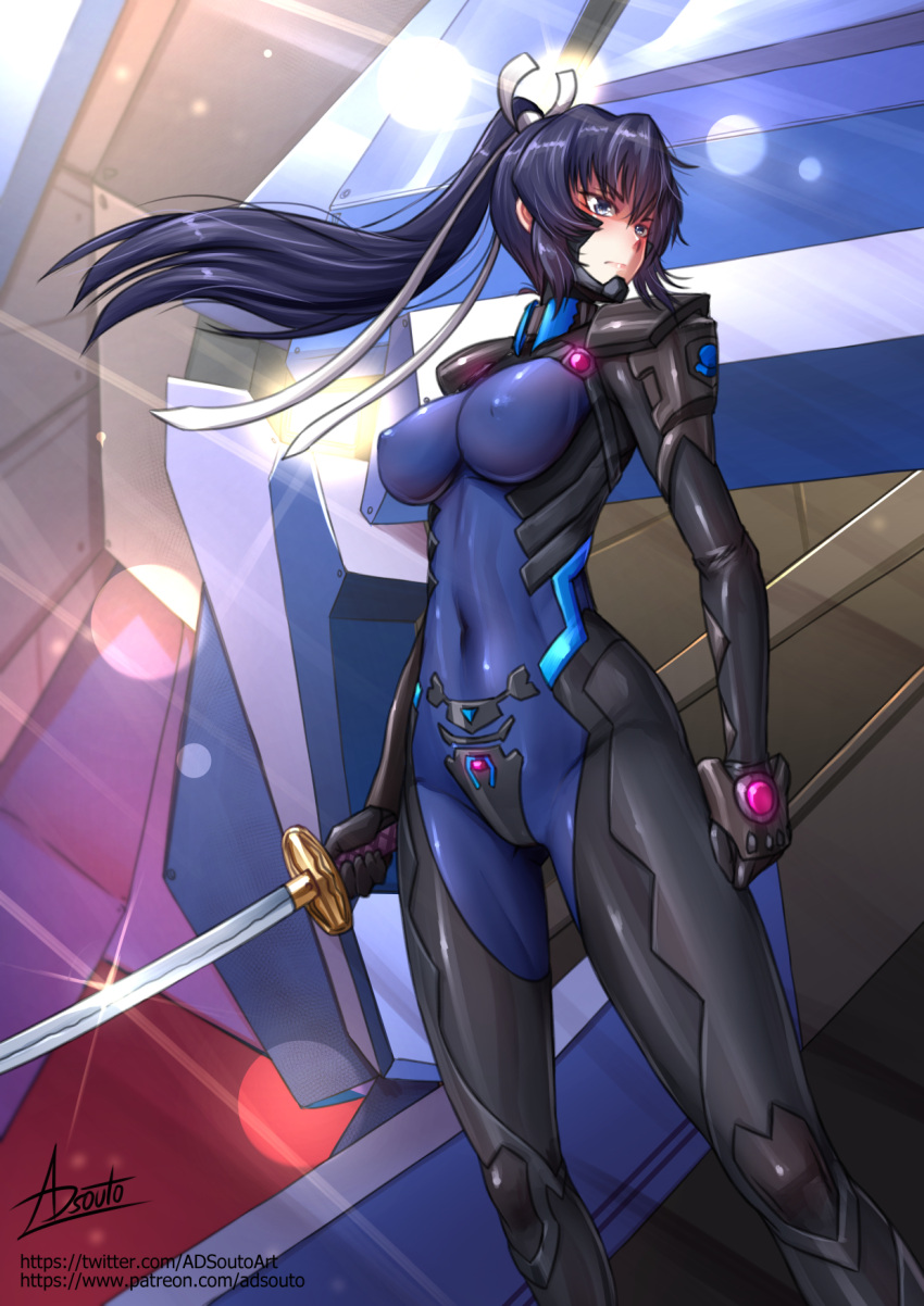 1girl adsouto arms_at_sides blue_hair bodysuit breasts covered_navel covered_nipples fortified_suit hair_ribbon headgear highres holding holding_sword holding_weapon impossible_bodysuit impossible_clothes katana long_hair looking_to_the_side mecha medium_breasts mitsurugi_meiya muvluv muvluv_alternative ponytail ribbon robot signature skin_tight solo standing sword weapon