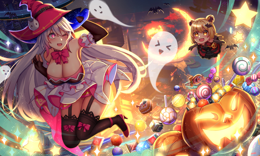 2girls amputee bat_(animal) blonde_hair breasts candy cleavage dress food ghost grey_hair halloween halloween_bucket hat highres large_breasts long_hair mi-a_(tower_of_fantasy) multiple_girls night official_alternate_costume one_eye_closed open_mouth outdoors pink_eyes qi_ye_shao_yan star_(symbol) tower_of_fantasy wanderer_(tower_of_fantasy) yellow_eyes