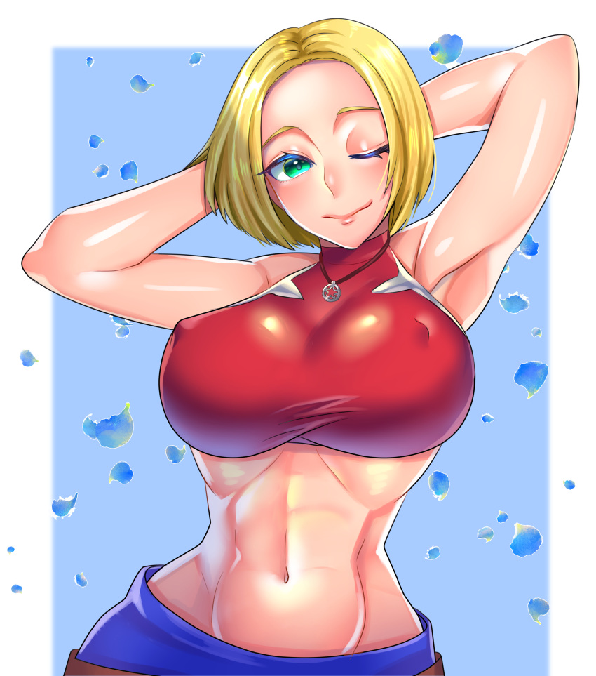 1girl absurdres alternate_eye_color aqua_eyes armpits arms_behind_head arms_up bare_arms bare_shoulders belt blonde_hair blue_mary bob_cut breasts closed_mouth contrapposto covered_nipples crop_top fatal_fury forehead head_tilt highres ikura_gori jewelry large_breasts leaning_to_the_side light_blush looking_at_viewer loose_belt medium_hair midriff muscular muscular_female navel necklace nipples nose outside_border pants petals red_shirt shiny shiny_clothes shiny_skin shirt sleeveless_turtleneck_crop_top smile solo stomach straight_hair taut_clothes taut_shirt the_king_of_fighters tight tight_shirt turtleneck_crop_top upper_body
