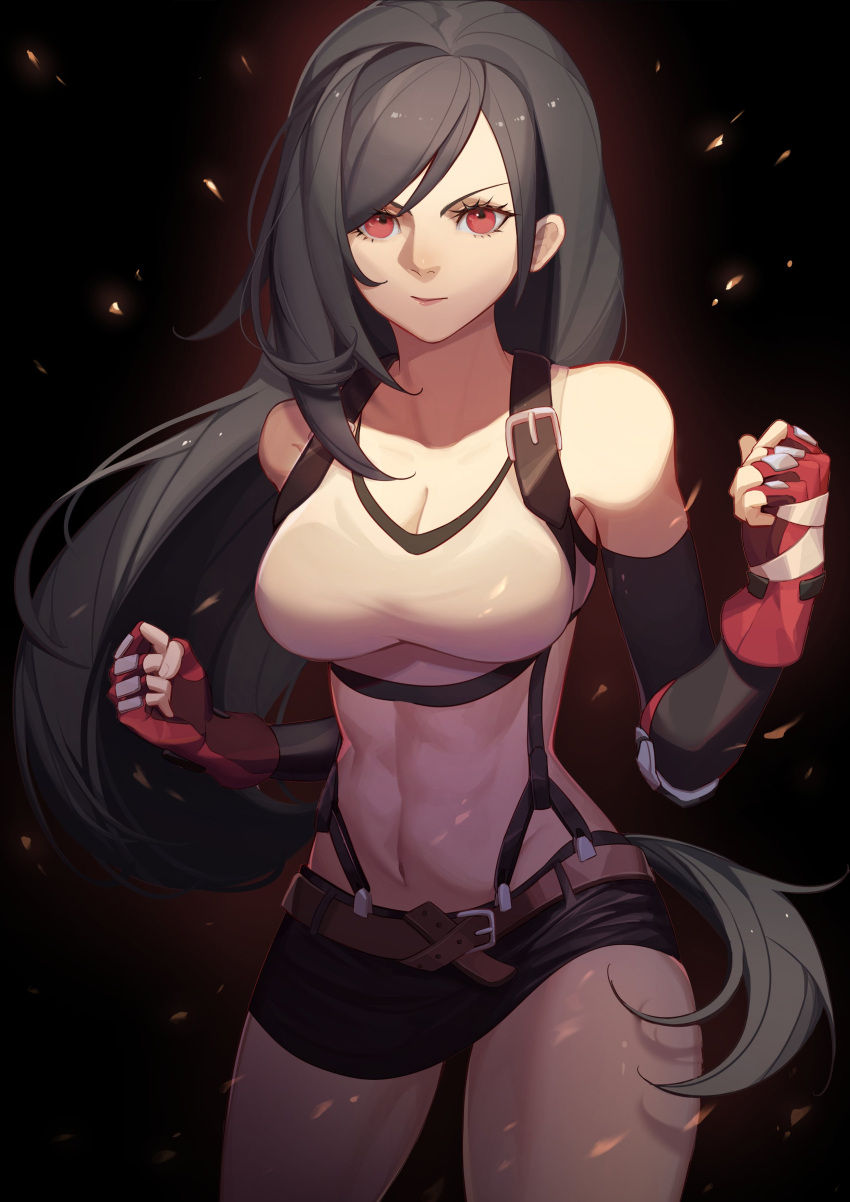 1girl abs absurdres bandaged_hand bandages bangs bare_shoulders belt black_background black_bra black_gloves black_hair black_skirt bra breasts brown_belt cleavage clenched_hand cowboy_shot crop_top elbow_gloves final_fantasy final_fantasy_vii final_fantasy_vii_remake gloves highres large_breasts light_rays long_hair looking_at_viewer midriff miniskirt navel red_eyes red_gloves shirt skirt sleeveless sleeveless_shirt solo sports_bra sunbeam sunlight suspenders swept_bangs thighs tifa_lockhart underwear w_arms white_shirt whither_laws