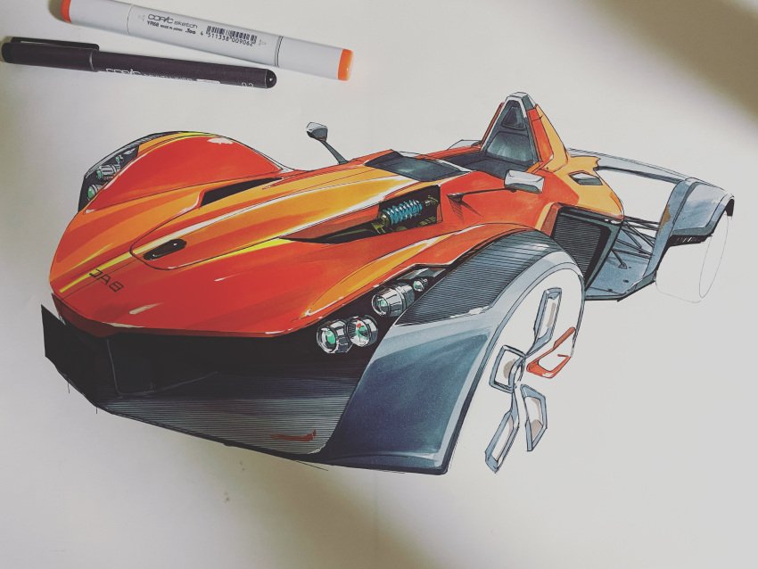 absurdres bac_mono car ground_vehicle headlight highres marker marker_(medium) motor_vehicle no_humans original pen photo_(medium) solo sports_car traditional_media tsu-chan unfinished vehicle_focus