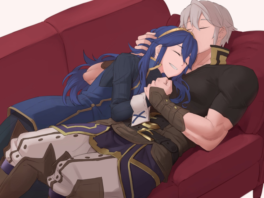 1boy 1girl bangs belt belt_buckle black_shirt black_sweater blue_eyes blue_hair brown_belt buckle closed_eyes couch cuddling ebinku fire_emblem fire_emblem_awakening grin hair_between_eyes head_kiss hetero highres holding_hands kiss long_hair long_sleeves lucina_(fire_emblem) lying muscular muscular_male on_couch pants ribbed_sweater robin_(fire_emblem) robin_(fire_emblem)_(male) shirt short_hair short_sleeves smile sweater tiara white_hair white_pants