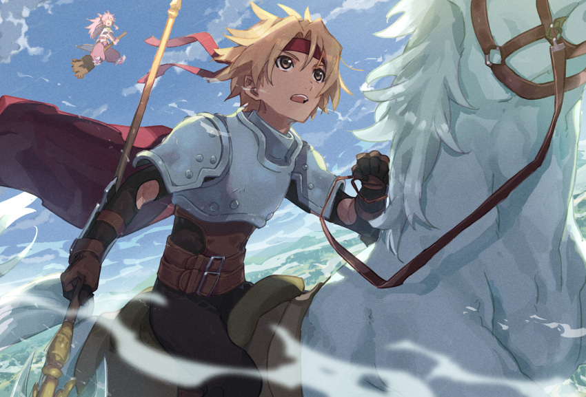 1boy 1girl arche_klein armor blonde_hair blue_eyes broom brown_eyes cape cloud cress_albane elbow_gloves flying gloves headband highres holding holding_polearm holding_weapon horse horseback_riding long_hair looking_ahead male_focus pants pink_hair pink_pants polearm ponytail red_cape riding short_hair sky tales_of_(series) tales_of_phantasia urabe_(mstchan) weapon wide_ponytail