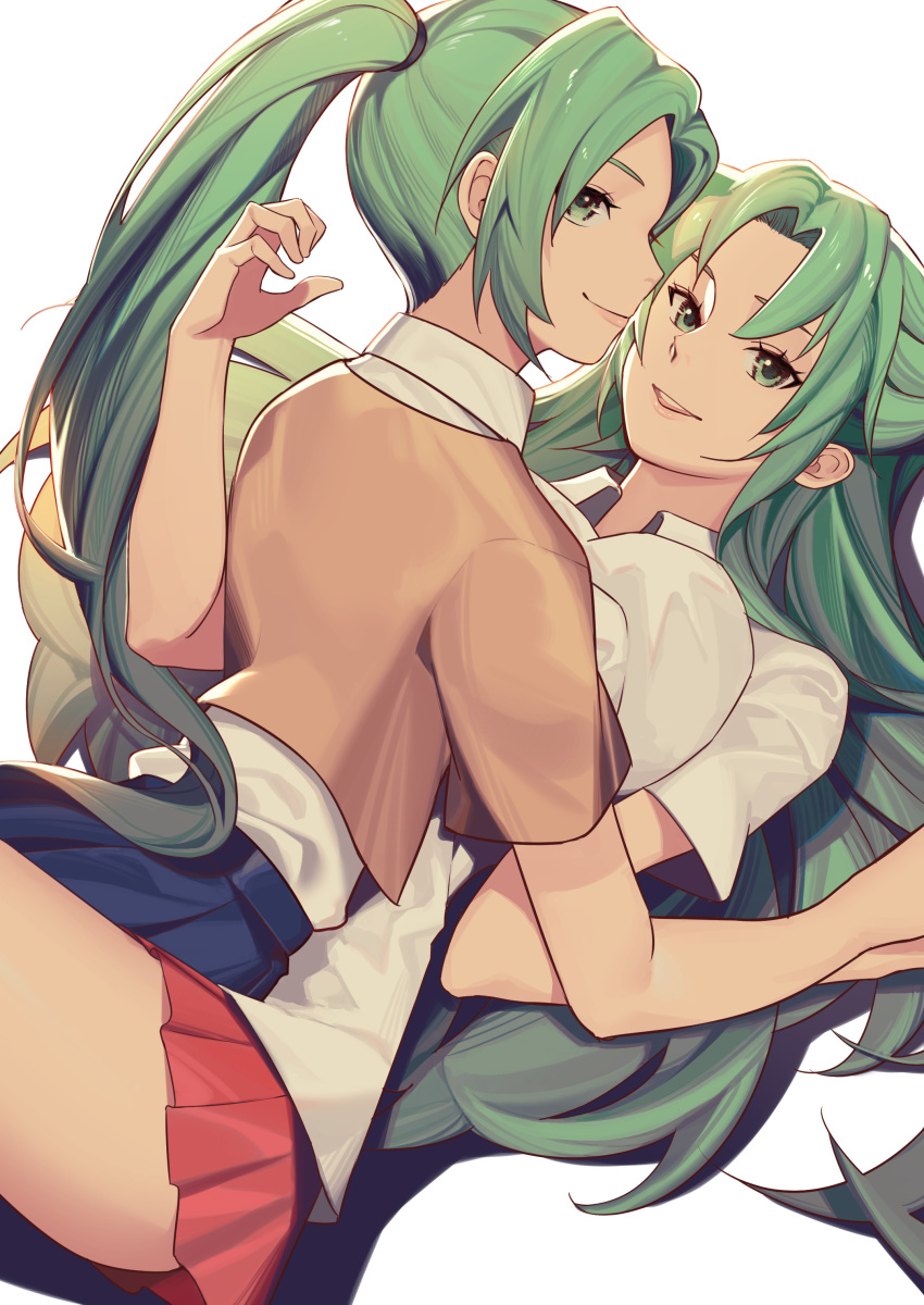2girls absurdres bangs blue_skirt breast_press breasts brown_shirt collared_shirt cowboy_shot green_eyes grey_hair hair_tie half_updo highres higurashi_no_naku_koro_ni holding_hands incest large_breasts long_hair looking_at_viewer multiple_girls parted_bangs parted_lips pleated_skirt ponytail red_skirt school_uniform shirt short_sleeves siblings sisters skirt smile sonozaki_mion sonozaki_shion twins white_background white_shirt whither_laws yuri