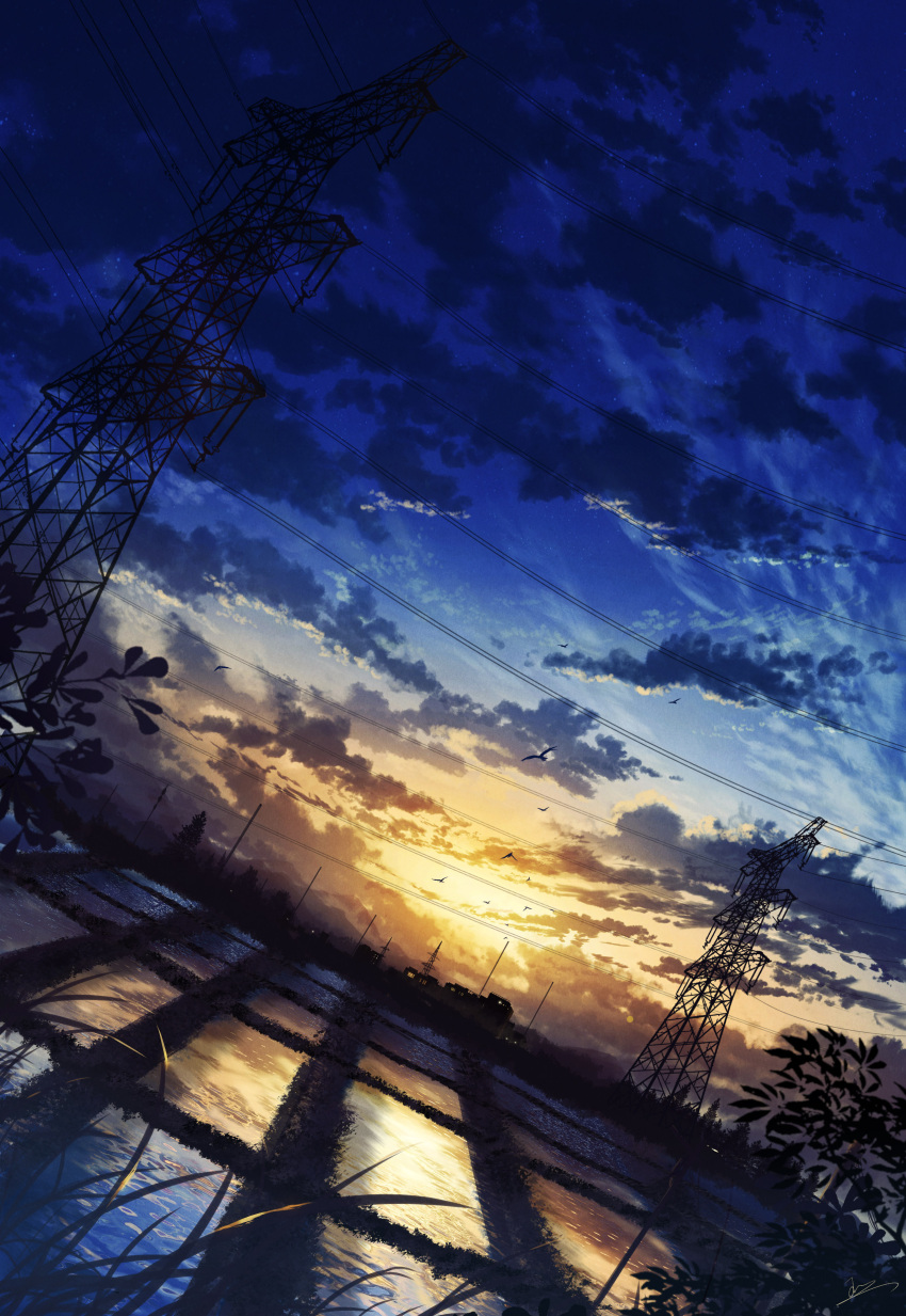 absurdres bird blue_sky cloud commentary_request evening field grass highres house landscape mountainous_horizon no_humans original power_lines reflection rice_paddy rural scenery sky skyrick9413 sunset transmission_tower tree utility_pole water