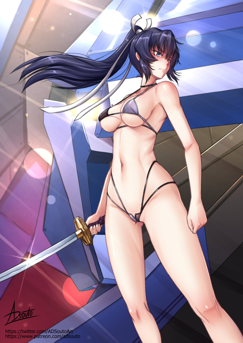 1girl adsouto arms_at_sides bikini blue_hair breasts hair_ribbon highres holding holding_sword holding_weapon katana long_hair looking_to_the_side mecha medium_breasts mitsurugi_meiya muvluv muvluv_alternative navel ponytail revealing_clothes ribbon robot signature solo standing string_bikini swimsuit sword weapon