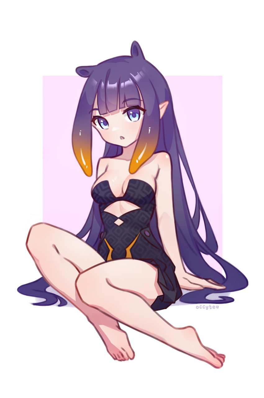1girl absurdres bangs barefoot black_dress blue_eyes blush cutout_above_navel dress gradient_hair highres hololive hololive_english knees_up long_hair md5_mismatch multicolored_hair ninomae_ina'nis occytea open_mouth orange_hair pointy_ears purple_hair resolution_mismatch self_upload source_smaller tentacle_hair very_long_hair virtual_youtuber