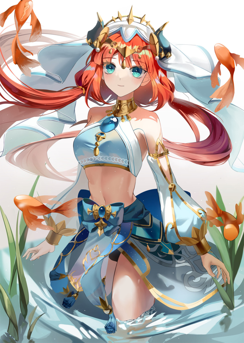 1girl aqua_eyes arms_at_sides bangs black_panties blue_bow blue_gemstone blue_skirt bow bracer breasts brooch circlet closed_mouth commentary cowboy_shot crop_top detached_sleeves fake_horns floating_hair gem genshin_impact gold_trim harem_outfit highres horns jewelry long_hair long_sleeves looking_at_viewer man_do medium_breasts navel neck_ring nilou_(genshin_impact) panties parted_bangs plant puffy_long_sleeves puffy_sleeves red_hair skirt smile solo stomach symbol-only_commentary tassel thighs twintails underwear veil wading water white_background white_headwear