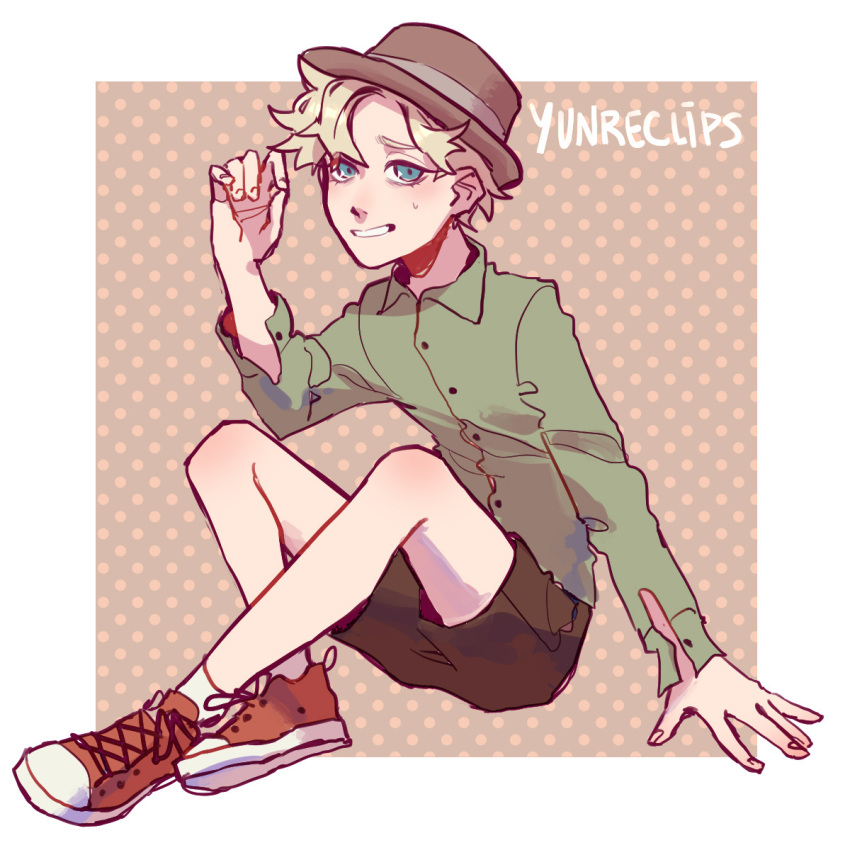 1boy artist_name blonde_hair blue_eyes buttons collared_shirt converse fedora fingernails green_shirt hat highres koyuxim legs long_sleeves looking_at_viewer male_child male_focus nervous_smile red_footwear shirt shoelaces shorts simple_background smile socks south_park sweatdrop tweek_tweak white_socks