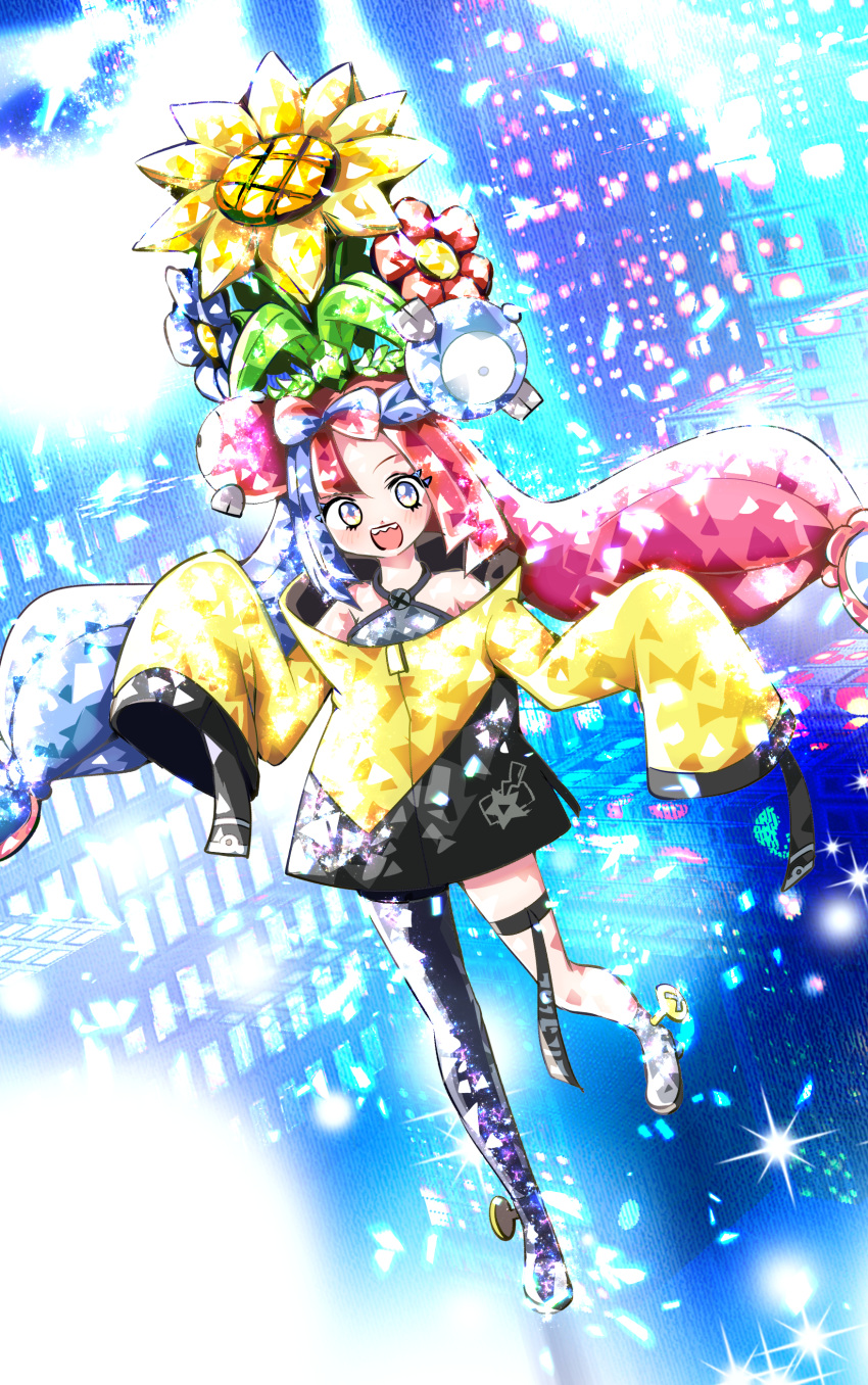 1girl absurdres bow-shaped_hair character_hair_ornament flower flower_on_head grey_pantyhose hair_ornament hexagon_print highres iono_(pokemon) jacket multicolored_hair oversized_clothes pantyhose pokemon pokemon_(game) pokemon_sv sharp_teeth sleeves_past_fingers sleeves_past_wrists solo split-color_hair teeth temimin terastal very_long_sleeves x yellow_jacket