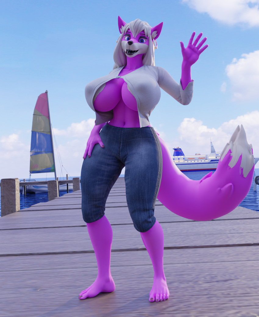 3d_(artwork) anthro big_breasts black_lips black_tongue blue_eyes breasts canid canine canis cleavage_cutout clothed clothing coolboy01fa digital_media_(artwork) docks ear_piercing ear_ring female fur gesture hair hi_res lips looking_at_viewer mammal piercing pink_body pink_fur ring_piercing sea solo tongue water waving waving_at_viewer white_body white_fur white_hair wolf yuni_hermit