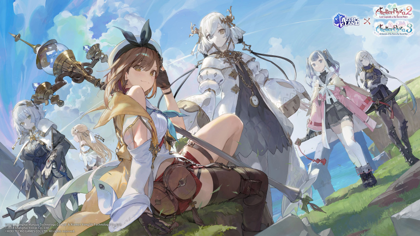 5girls absurdres artist_request atelier_(series) atelier_ryza atelier_ryza_2 atelier_ryza_3 azur_lane bangs beret blue_sky breasts brown_eyes brown_hair closed_mouth cloud cloudy_sky commentary_request copyright_name full_body hat highres holding kala_ideas klaudia_valentz lila_decyrus logo looking_at_viewer manjuu_(azur_lane) medium_breasts multiple_girls official_art patricia_abelheim reisalin_stout serri_glaus simple_background sitting sky smile staff standing