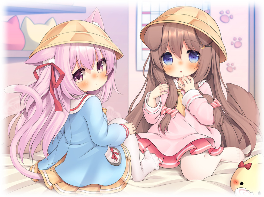 2girls animal_ear_fluff animal_ears azur_lane bed bedroom blue_eyes blue_shirt blush brown_hair candy_hair_ornament cat_ears cat_girl cat_tail child commission commissioner_upload crescent crescent_hair_ornament dog_ears dog_girl dog_tail feet female_child food-themed_hair_ornament fumizuki_(azur_lane) hair_ornament hairclip hand_on_own_knee hand_to_own_mouth hat indoors kindergarten_uniform kisaragi_(azur_lane) kupuru_(hirumamiyuu) long_hair long_sleeves looking_at_viewer looking_back multiple_girls no_shoes open_mouth pantyhose pink_eyes pink_hair pink_shirt pink_skirt ribbon school_hat school_uniform shirt side_ponytail sitting skeb_commission skirt tail toes very_long_hair white_pantyhose yellow_headwear yellow_skirt