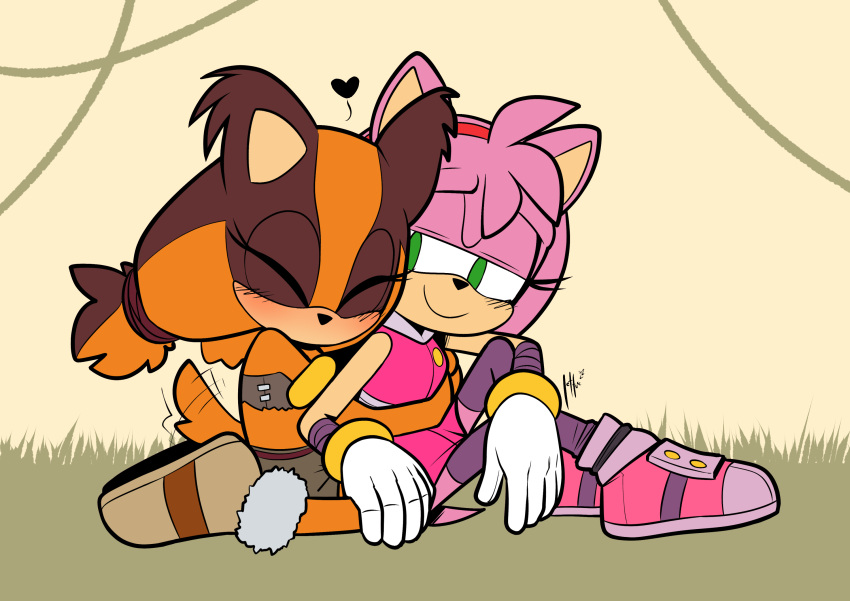 &lt;3 2022 amy_rose anthro badger blush brown_body brown_fur clothed clothing duo embrace eulipotyphlan eyes_closed female female/female fur green_eyes hair hedgehog hi_res hug hugging_from_behind lettuce_(artist) mammal mustelid musteline orange_body orange_fur pink_body pink_hair sega smile smiling_at_partner sonic_boom sonic_the_hedgehog_(series) sticks_the_jungle_badger tail_motion tailwag