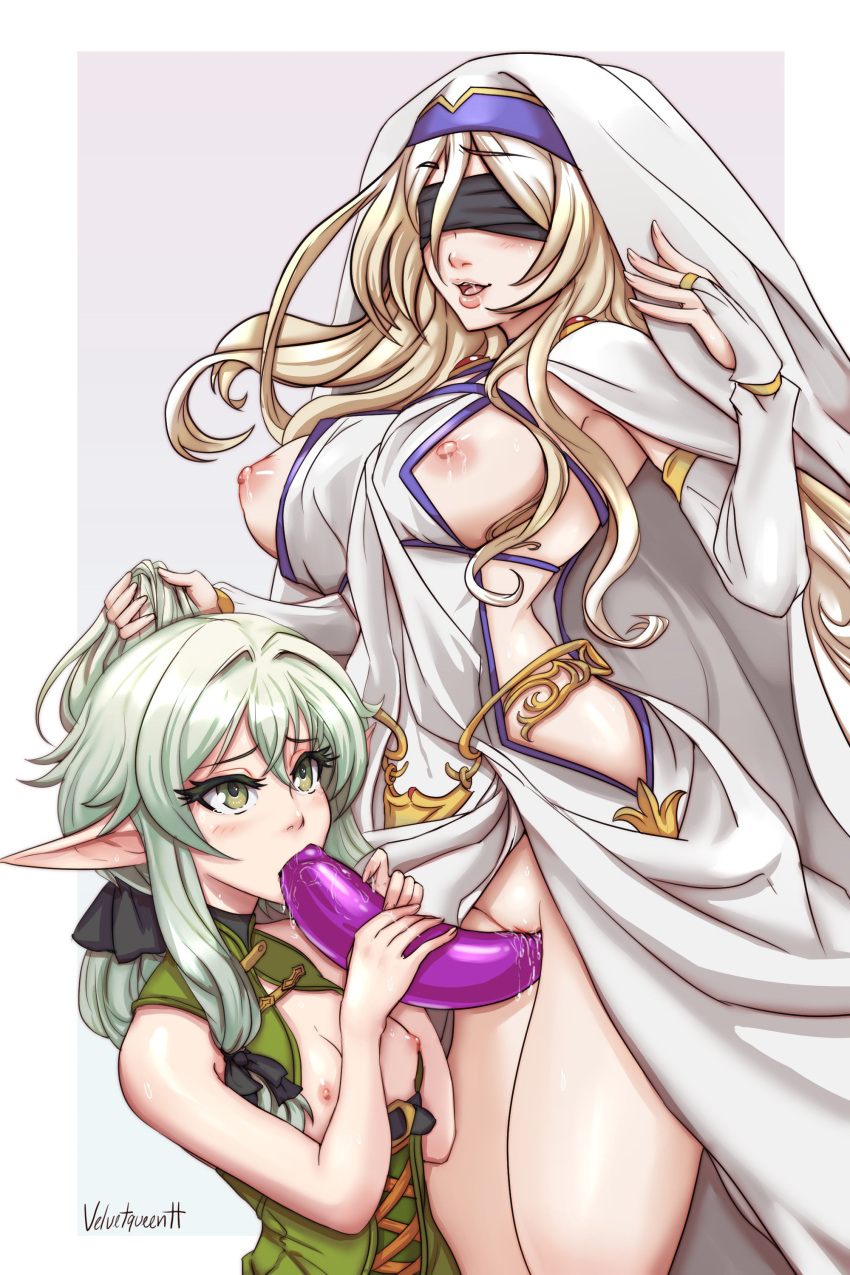 2girls :d absurdres bangs bare_arms bare_shoulders black_bow blindfold blonde_hair blush bow breasts bridal_gauntlets dildo double_dildo dress elf fellatio goblin_slayer! hair_bow hair_intakes hand_up high_elf_archer_(goblin_slayer!) highres holding_another's_hair jewelry large_breasts lips long_hair multiple_girls necklace nipples open_mouth oral pointy_ears pussy pussy_juice saliva sex_toy shiny shiny_hair simulated_fellatio small_breasts smile sword_maiden velvet_queen_h white_dress yuri