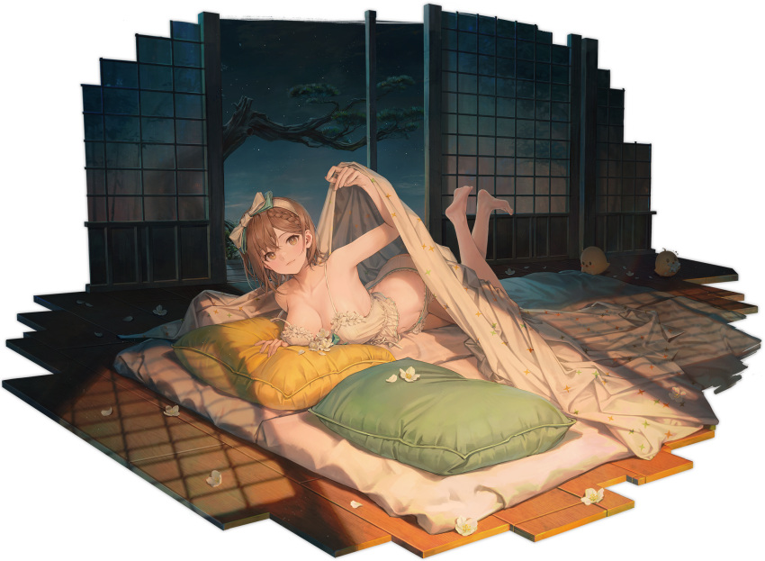 1girl architecture armpits artist_request atelier_(series) atelier_ryza atelier_ryza_2 atelier_ryza_3 azur_lane barefoot blanket breasts brown_eyes brown_hair closed_mouth collarbone feet hair_ribbon highres large_breasts legs looking_at_viewer lying manjuu_(azur_lane) navel official_alternate_costume on_stomach pillow reisalin_stout reisalin_stout_(late_night_alchemist) ribbon shirt short_hair smile solo stomach the_pose toes tree underwear white_shirt