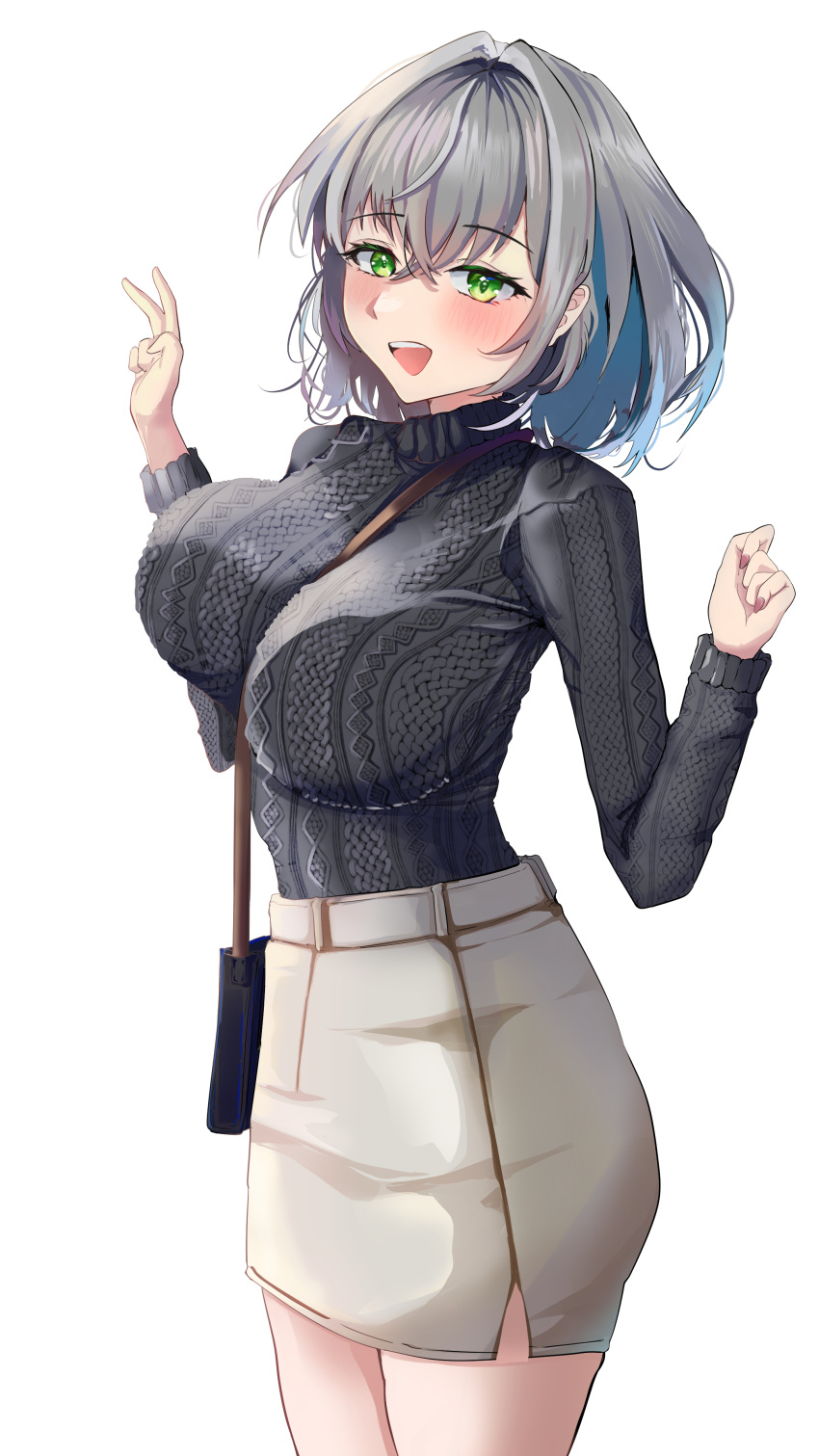 1girl absurdres aran_sweater bag between_breasts blush breasts casual cowboy_shot from_side green_eyes grey_hair grey_sweater hair_intakes handbag hands_up hasesecond highres hololive large_breasts long_sleeves looking_at_viewer medium_hair miniskirt open_mouth pencil_skirt shirogane_noel simple_background skirt smile solo strap_between_breasts sweater sweater_tucked_in turtleneck turtleneck_sweater virtual_youtuber white_background