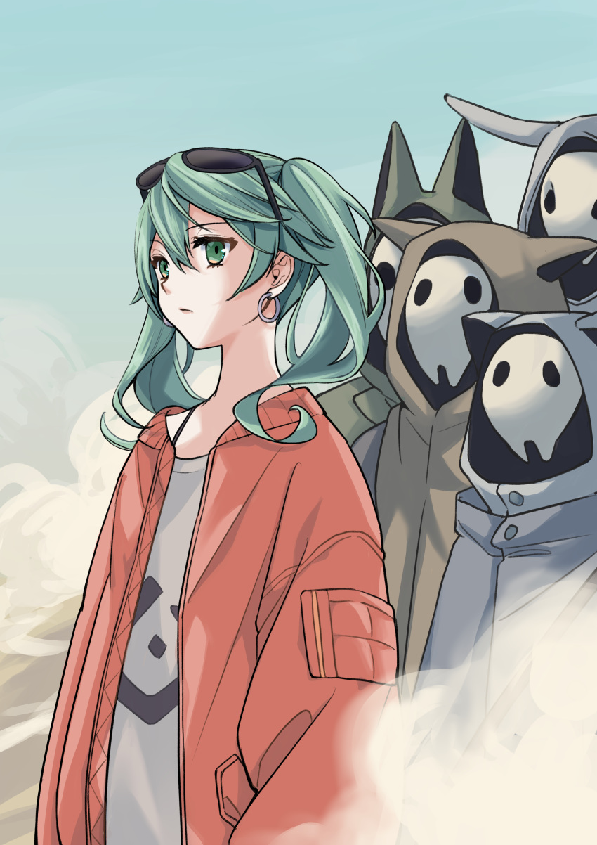 1girl 4others absurdres animal_hood bangs blue_hair dust_cloud earrings expressionless eyewear_on_head green_eyes hatsune_miku highres hood hoop_earrings jacket jewelry long_hair mask multiple_others nagitofuu outdoors print_shirt sand shirt sky suna_no_wakusei_(vocaloid) sunglasses twintails vocaloid