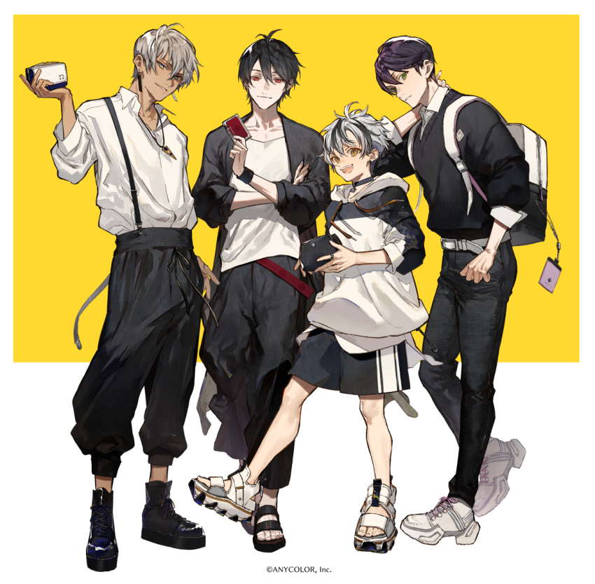 4boys ahoge backpack bag bangs belt black_cardigan black_hair black_overalls black_shorts blue_eyes brown_eyes cardigan crossed_arms dark-skinned_male dark_skin fashion green_eyes hair_between_eyes ibrahim_(nijisanji) kenmochi_touya lanyard light_smile looking_at_viewer male_focus multicolored_hair multiple_boys nijisanji nozaki_tsubata official_art open_mouth overalls puffy_pants purple_hair red_eyes sandals shirt short_hair shorts smile suzuki_masaru two-tone_background two-tone_hoodie virtual_youtuber white_background white_bag white_belt white_hair white_shirt yellow_background yumeoi_kakeru