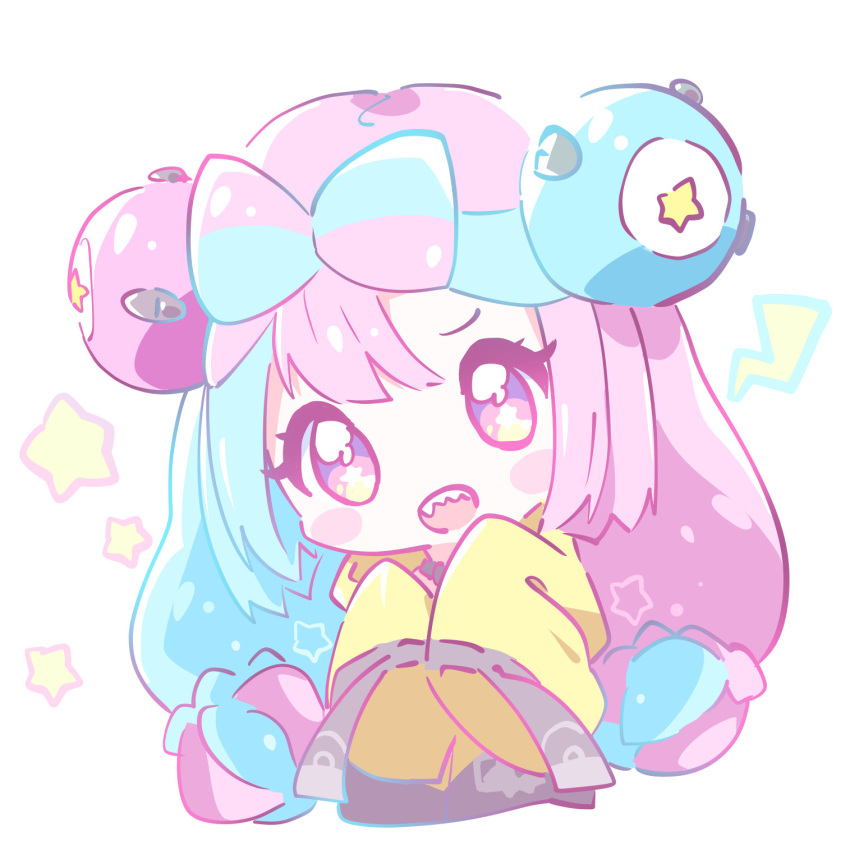 1girl :d aqua_hair bangs blush_stickers character_hair_ornament chibi commentary_request eyelashes hair_ornament highres iono_(pokemon) jacket long_hair mirai_(sugar) multicolored_hair open_mouth pink_hair pokemon pokemon_(game) pokemon_sv purple_eyes sleeves_past_fingers sleeves_past_wrists smile solo star_(symbol) teeth two-tone_hair upper_body upper_teeth yellow_jacket