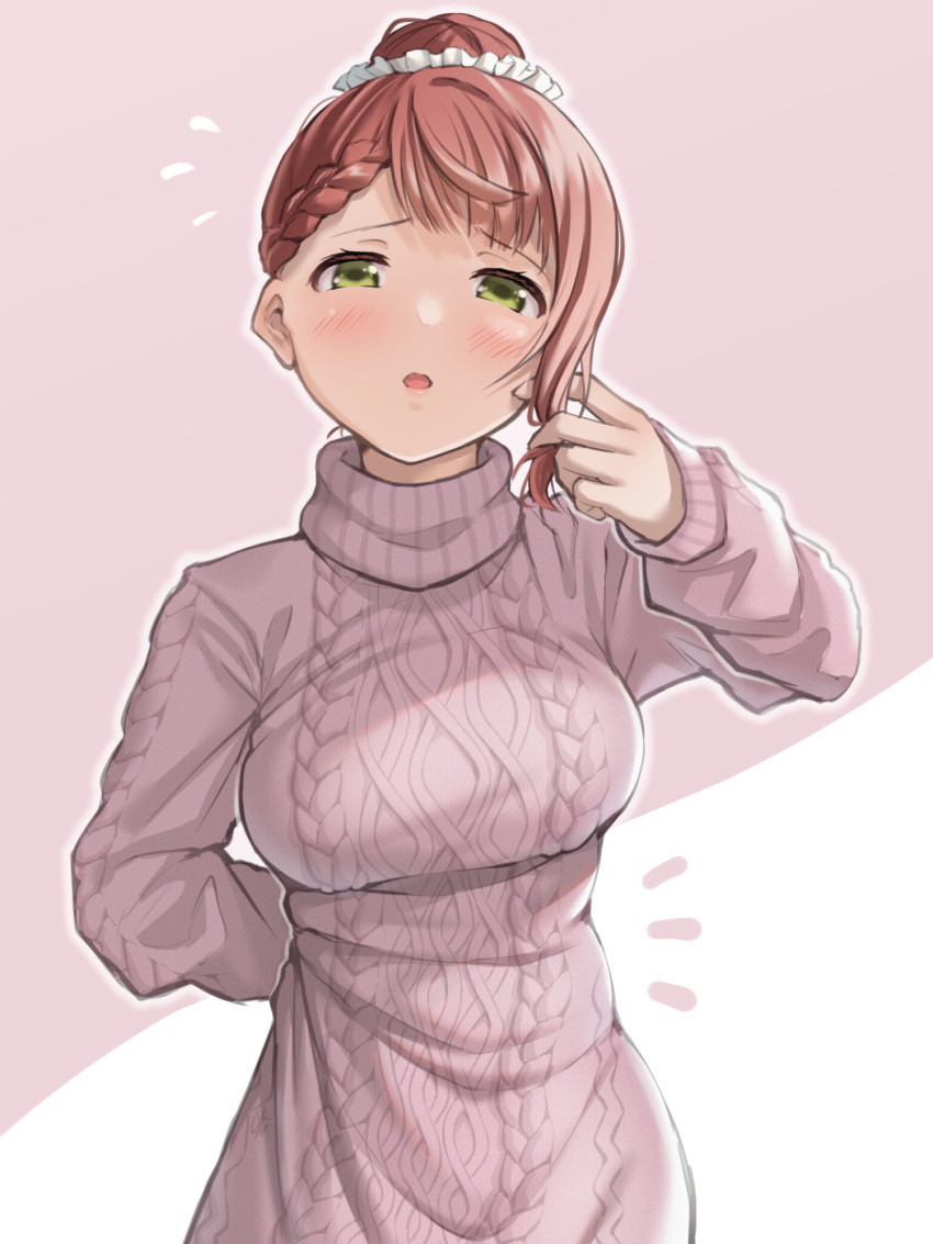 1girl aran_sweater arm_behind_back bangs blush braid braided_bangs breasts brown_hair dress flying_sweatdrops green_eyes highres large_breasts long_hair long_sleeves looking_at_viewer love_live! love_live!_nijigasaki_high_school_idol_club open_mouth pink_background playing_with_own_hair ponytail scrunchie solo sweater sweater_dress turtleneck turtleneck_sweater two-tone_background uehara_ayumu upper_body white_background white_scrunchie zinzen