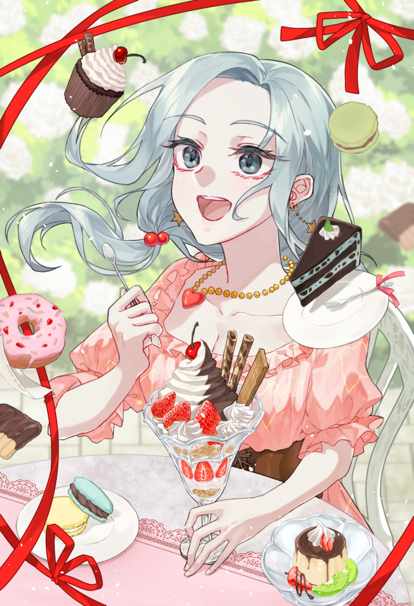 1girl bangs blue_eyes blue_hair breasts brown_corset cake cake_slice cleavage commentary_request corset cupcake doughnut dress earrings enomoto_noa food frilled_sleeves frills hair_bobbles hair_ornament heart heart_necklace highres jewelry kosato86 light_blue_hair low_ponytail macaron medium_breasts necklace open_mouth parfait parted_bangs pink_dress puffy_short_sleeves puffy_sleeves red_ribbon ribbon saibou_shinkyoku short_sleeves smile solo star_(symbol) star_earrings
