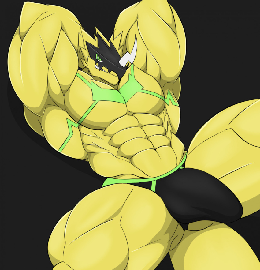 abs anatake anthro armor bandai_namco bulge bulkmon clothing digimon grin headgear helmet hi_res male muscular muscular_anthro muscular_male pecs scalie smile solo thong underwear yellow_body