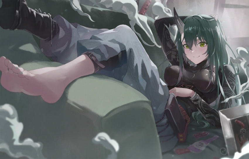 1girl absurdres arknights baggy_pants bangs belt belt_buckle black_footwear black_shirt blue_pants blush boots breasts buckle chinese_commentary couch feng_zhe_(user_jnxf3524) green_eyes green_hair hand_on_own_head highres horns hoshiguma_(arknights) hoshiguma_(patrolling_ronin)_(arknights) jewelry long_hair long_sleeves looking_at_viewer medium_breasts necklace pants pouch shirt single_boot single_horn sitting_sideways smile solo toes turtleneck