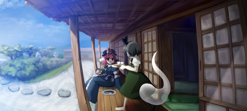 2girls bangs barefoot black_bow black_bowtie black_hairband black_ribbon blue_headwear blue_kimono blue_sky bow bow_hairband bowtie choko_(cup) closed_mouth cloud collared_shirt commentary_request cup dango day food frilled_kimono frills full_body green_skirt green_vest grey_hair hairband hakugyokurou hat highres holding holding_tray japanese_clothes kimono konpaku_youmu konpaku_youmu_(ghost) long_sleeves mob_cap modama multiple_girls neck_ribbon outdoors pink_eyes pink_hair puffy_short_sleeves puffy_sleeves ribbon rock_garden saigyouji_yuyuko shirt short_hair short_sleeves shouji sitting skirt skirt_set sky sliding_doors smile stepping_stones stone_lantern touhou tray tree veranda vest wagashi white_shirt