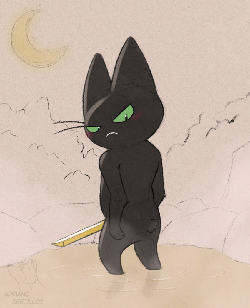 anthro bath black_body black_fur blush butt cartoon_network corgi_(artist) docked_tail domestic_cat felid feline felis fur green_eyes hi_res hot_spring katana male mammal mao_mao:_heroes_of_pure_heart melee_weapon moon night nude onsen serious_face sheriff_mao_mao_mao short_tail solo steam sword water weapon