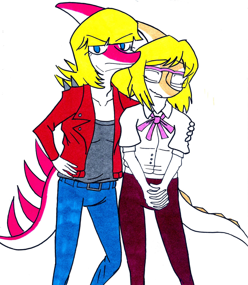 absurd_res anthro blonde_hair clothed clothing dinosaur duo eyes_closed eyewear female glasses goodbye_volcano_high hadrosaurid hair hi_res i_wani_hug_that_gator jacket long_hair looking_at_viewer mia_(iwhtg) multicolored_body naomi_(gvh) ornithischian parasaurolophus reptile scalie snoot_game_(fan_game) snootydiaries spiked_clothing spiked_jacket spikes topwear traditional_media_(artwork) two_tone_body video_games