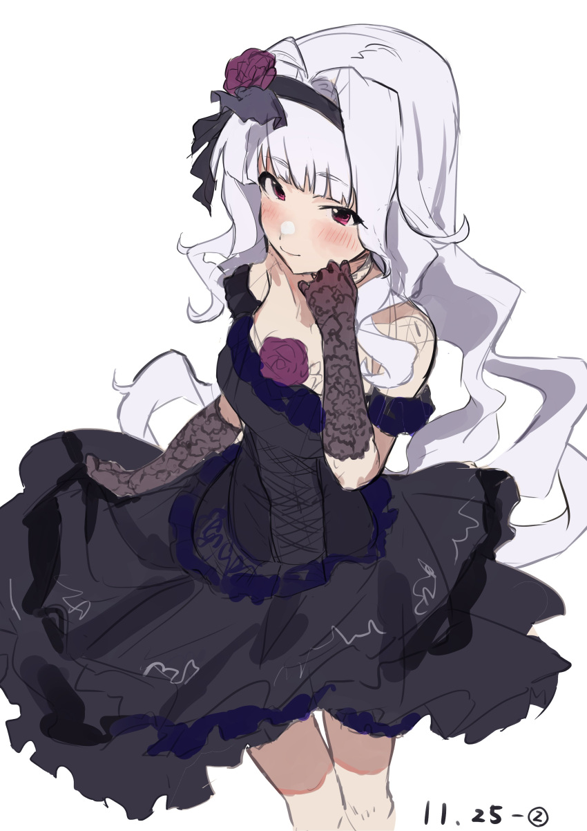 1girl absurdres black_dress black_gloves blush dated dress flower gloves hair_flower hair_ornament hairband highres idolmaster idolmaster_(classic) long_hair looking_at_viewer off-shoulder_dress off_shoulder purple_eyes shijou_takane smile solo uouo_unchi white_background white_hair