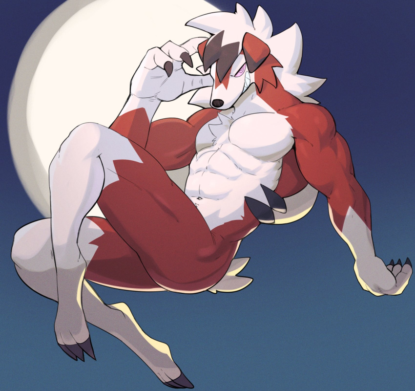 4_fingers anthro claws fingers fur generation_7_pokemon hi_res jrjresq looking_at_viewer lycanroc male moon muscular muscular_anthro muscular_male nintendo nude pokemon pokemon_(species) red_body red_fur smile solo video_games white_body white_fur