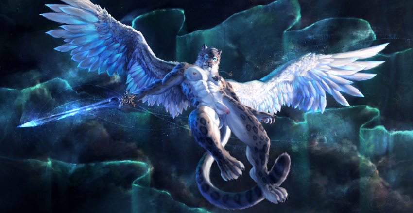 2022 abs amazing_background angel anthro balls biped black_body black_fur blue_eyes detailed_background digital_media_(artwork) feathered_wings feathers felid flaccid flying fur genitals grey_body grey_fur hi_res holding_object holding_sword holding_weapon humanoid_genitalia humanoid_penis male mammal markings melee_weapon muscular muscular_anthro muscular_male nude pantherine pecs penis ring_(marking) s_anima snow_leopard solo sword weapon white_balls white_body white_fur wings