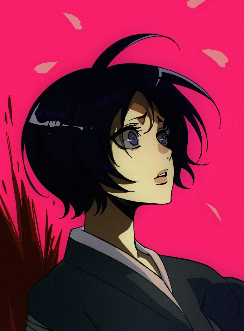 1girl black_hair bleach blood breasts floppydisk7000 hair_between_eyes highres japanese_clothes kuchiki_rukia long_hair long_sleeves open_mouth purple_eyes sad shinigami short_hair simple_background small_breasts solo