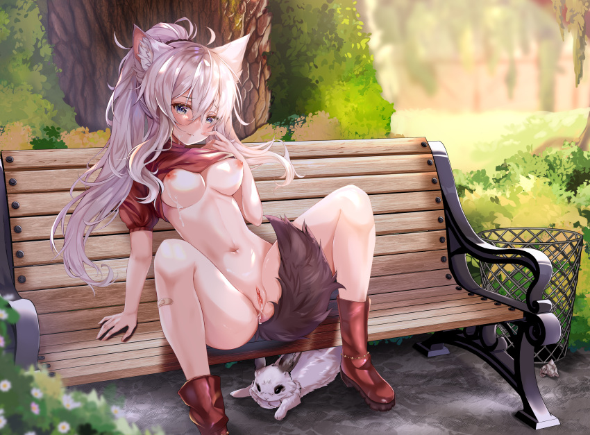 1girl absurdres ahoge animal_ears anus ass bandaid bandaid_on_leg bench between_legs blue_eyes blush boots breasts cat_ears cat_girl cat_tail clothes_lift cum cum_in_pussy cum_on_body cum_on_breasts day exhibitionism facial finger_to_cheek hair_between_eyes hand_up heart heart_in_eye high_ponytail highres isari_sensei leaning_back long_hair looking_at_viewer m_legs medium_breasts navel nipples on_bench original outdoors park_bench public_indecency pussy red_footwear red_shirt shirt shirt_lift short_sleeves sitting solo spread_legs symbol_in_eye tail tail_between_legs tail_raised uncensored white_hair