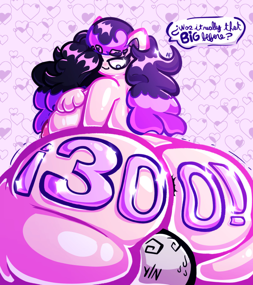 big_breasts big_butt black_hair blue_eyes breasts butt dialogue dialogue_bubble eyebrows eyelashes facesitting hair hi_res huge_butt hyper hyper_butt katie_(puffylover69) looking_back looking_down number pink_body pink_skin puffylover69 purple_background purple_hair purple_hearts questioning shocked_expression simple_background y/n